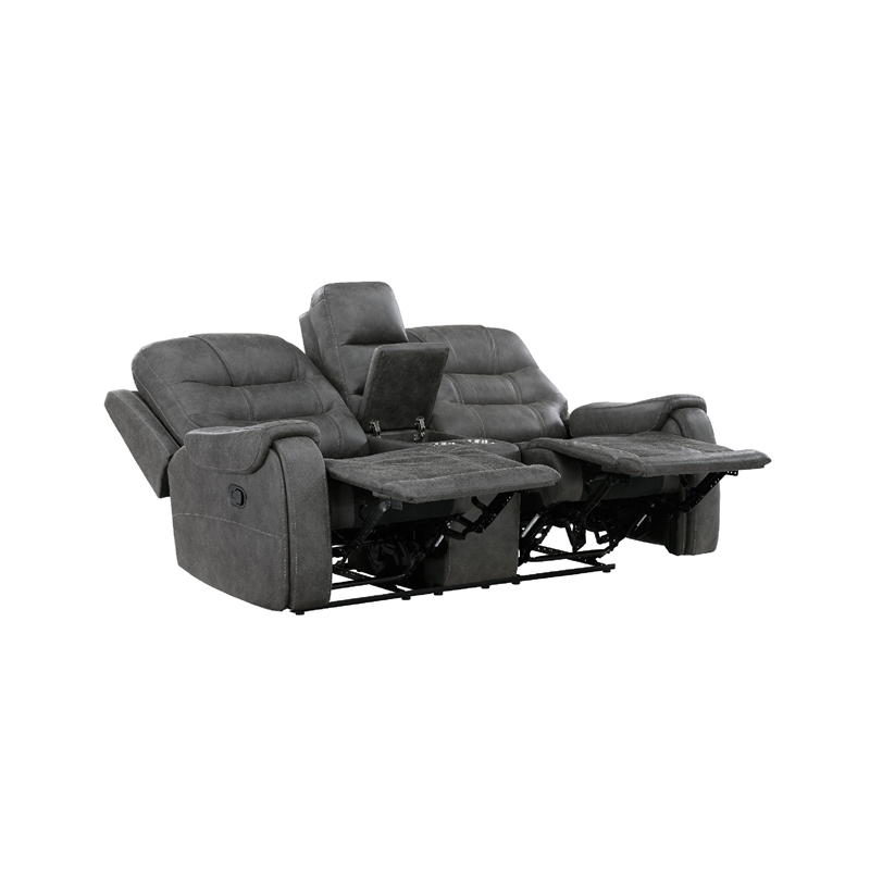 Erron Manual Reclining Loveseat w Console- Cupholders- Dark Gray Microfiber