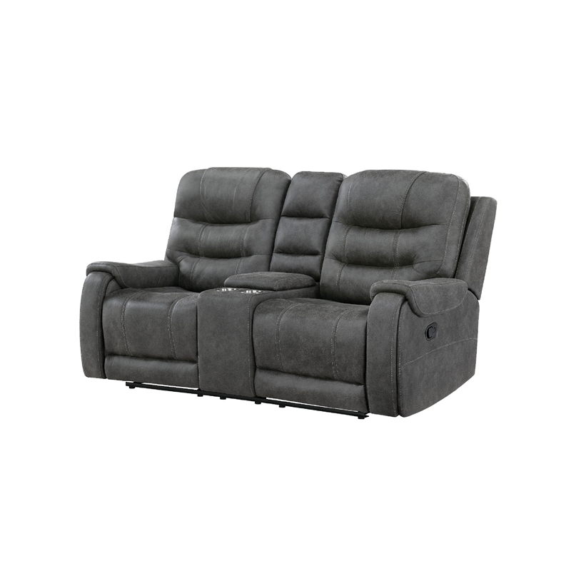 Erron Manual Reclining Loveseat w Console- Cupholders- Dark Gray Microfiber