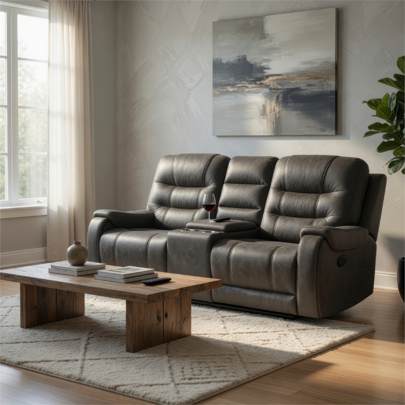Erron Manual Reclining Loveseat w Console- Cupholders- Dark Gray Microfiber