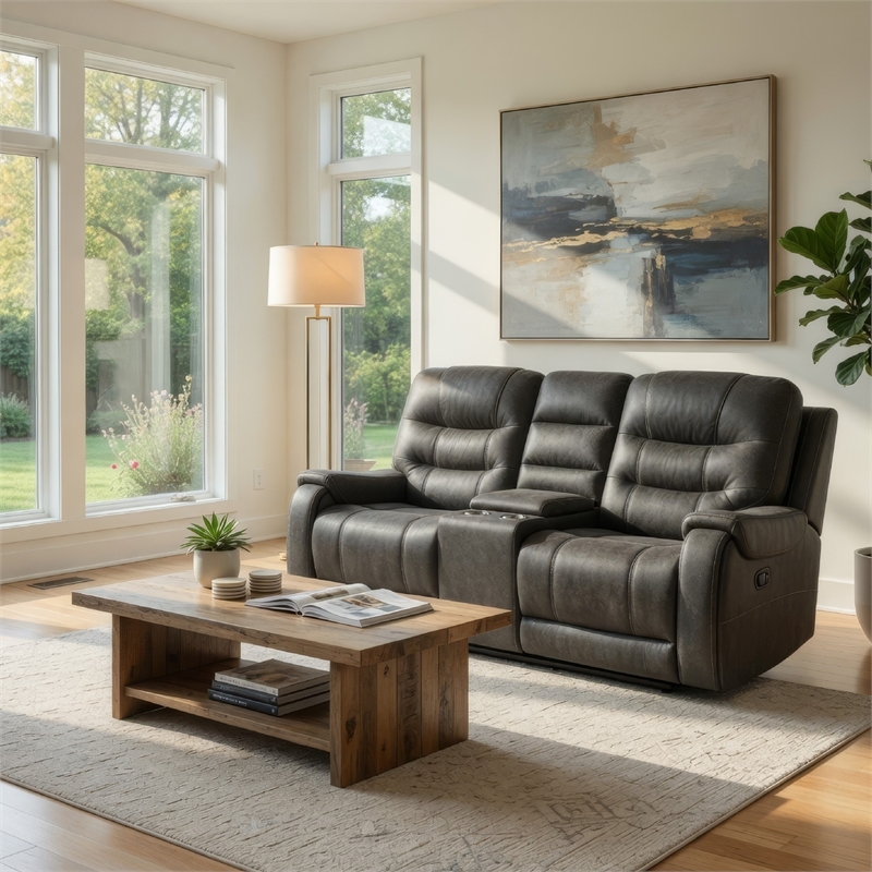 Erron Manual Reclining Loveseat w Console- Cupholders- Dark Gray Microfiber