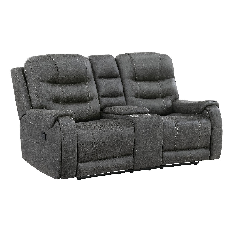 Erron Manual Reclining Loveseat w Console- Cupholders- Dark Gray Microfiber