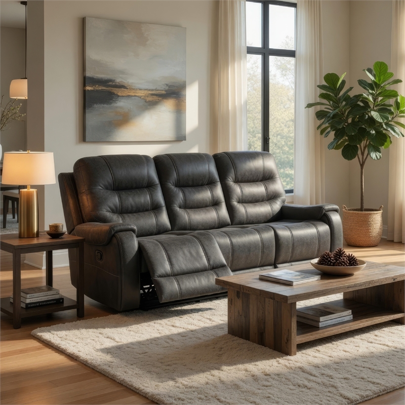 Erron Manual Reclining Sofa- 3 Seater- Dark Gray Polished Microfiber