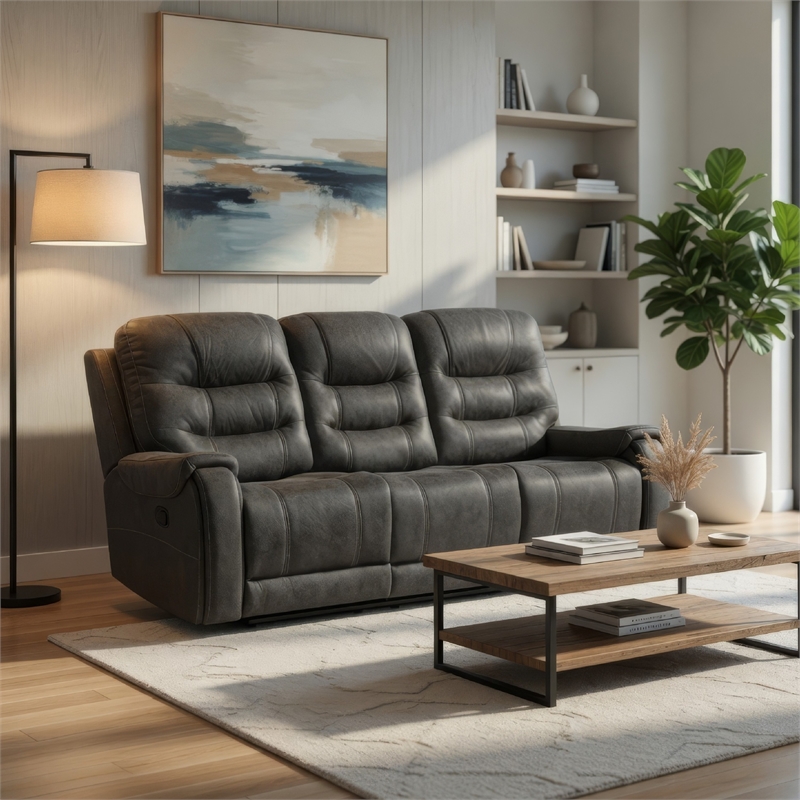 Erron Manual Reclining Sofa- 3 Seater- Dark Gray Polished Microfiber