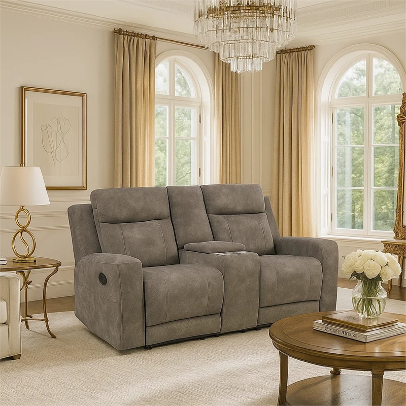 Diti Manual Reclining Loveseat w Console- Cupholders- Brown Microfiber