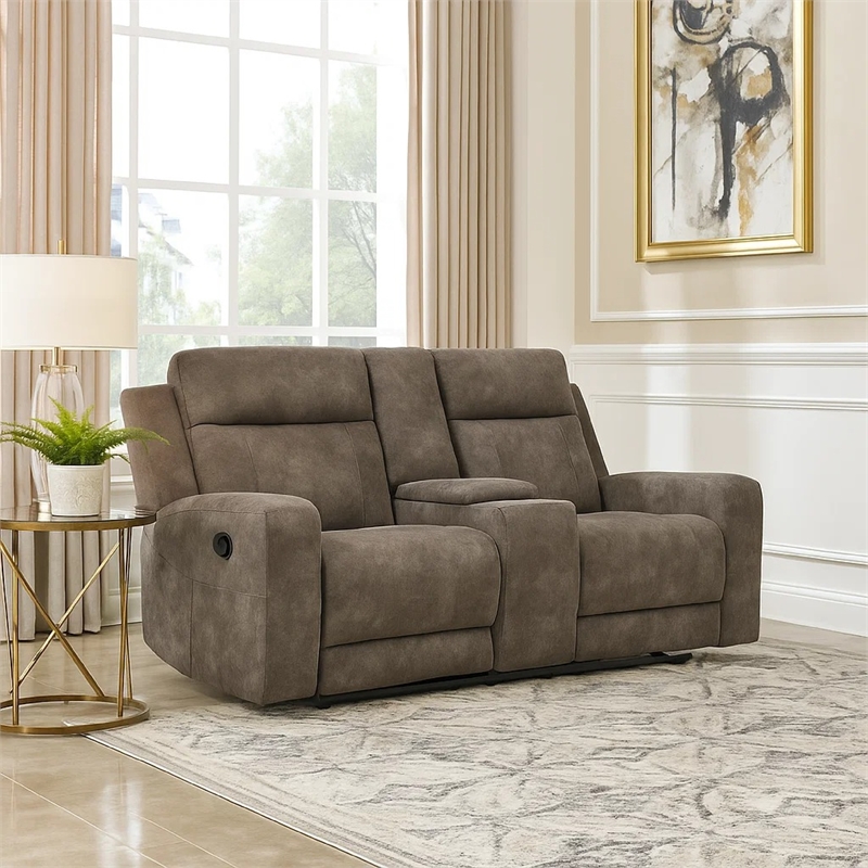 Diti Manual Reclining Loveseat w Console- Cupholders- Brown Microfiber