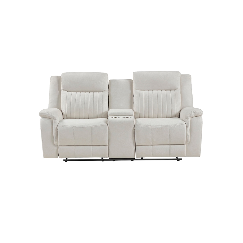 Lenny Manual Recliner Loveseat w Cupholder Console- Beige Microfiber