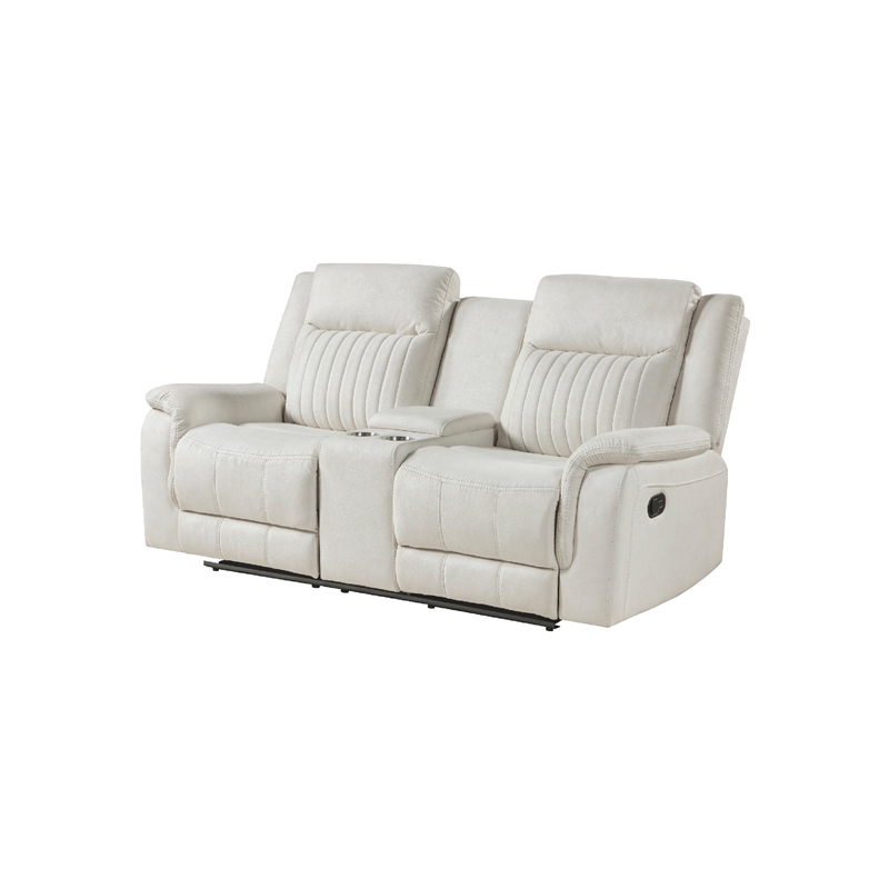 Lenny Manual Recliner Loveseat w Cupholder Console- Beige Microfiber
