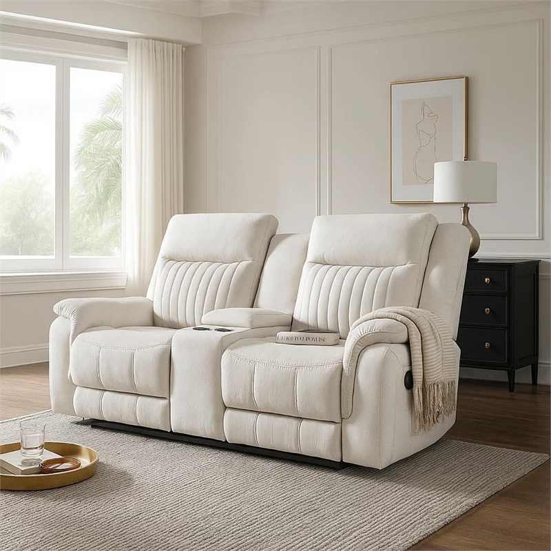 Lenny Manual Recliner Loveseat w Cupholder Console- Beige Microfiber