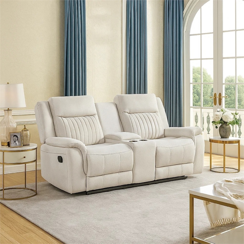Lenny Manual Recliner Loveseat w Cupholder Console- Beige Microfiber