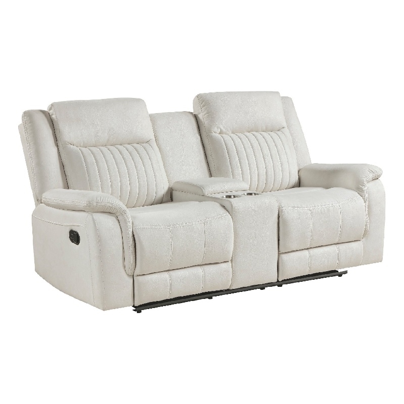 Lenny Manual Recliner Loveseat w Cupholder Console- Beige Microfiber