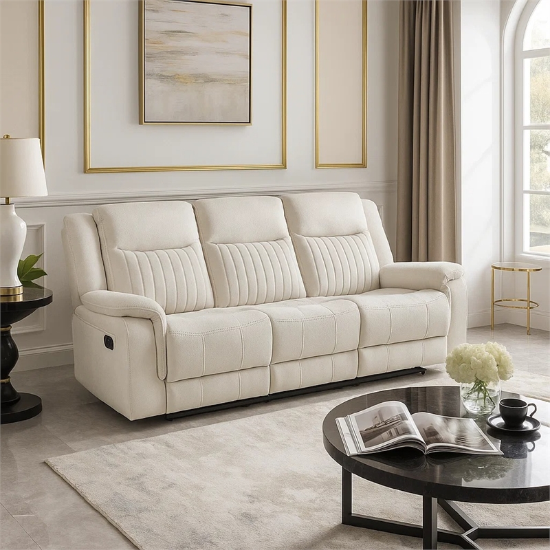 Lenny Manual Recliner Sofa- 3 Seater- Channeled Back- Beige Microfiber