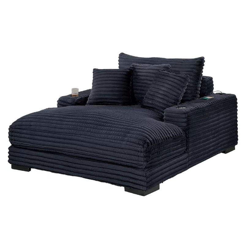 Terra Chaise Lounger- Cup Holder and USB Ports- Black Corduroy Fabric
