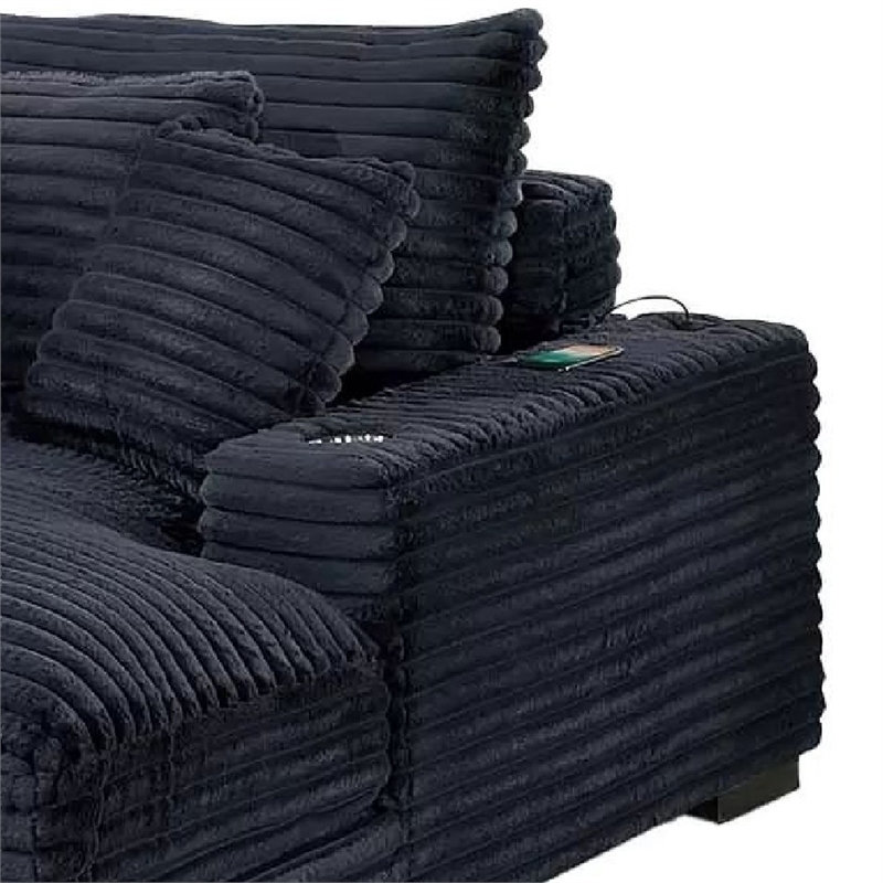 Terra Chaise Lounger- Cup Holder and USB Ports- Black Corduroy Fabric