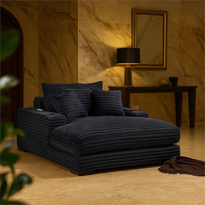 Terra Chaise Lounger- Cup Holder and USB Ports- Black Corduroy Fabric