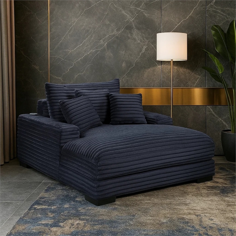 Terra Chaise Lounger- Cup Holder and USB Ports- Black Corduroy Fabric