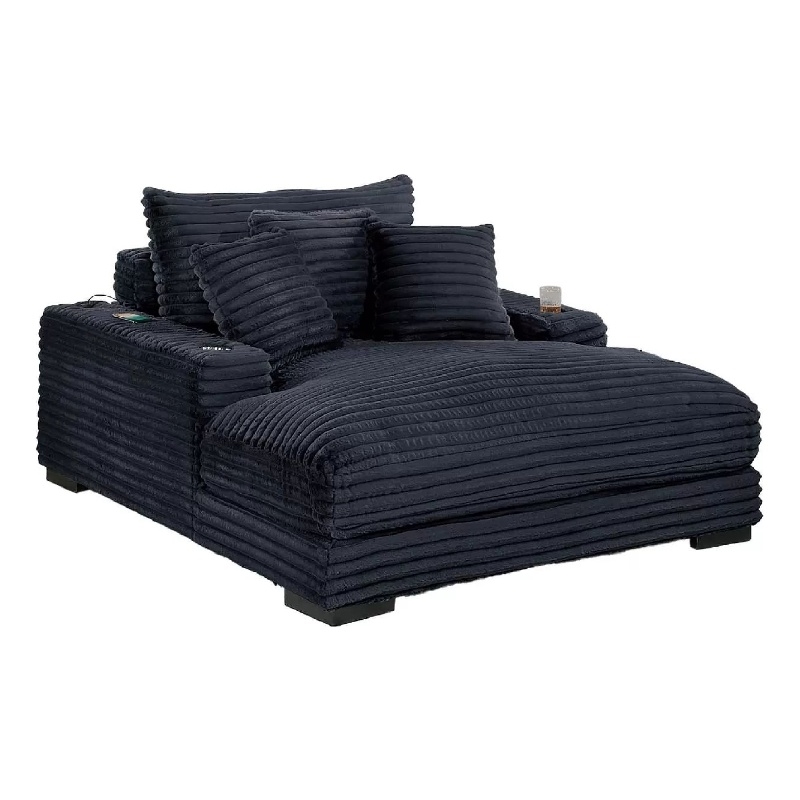 Terra Chaise Lounger- Cup Holder and USB Ports- Black Corduroy Fabric