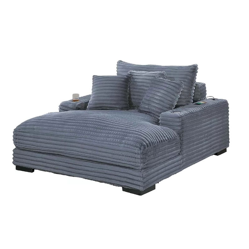 Terra Chaise Lounger- Cup Holder and USB Ports- Gray Corduroy Fabric