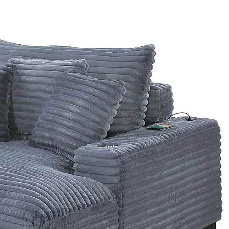 Terra Chaise Lounger- Cup Holder and USB Ports- Gray Corduroy Fabric