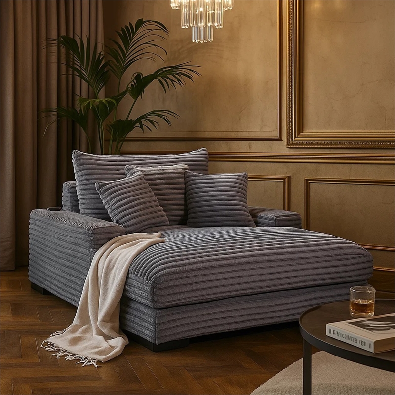 Terra Chaise Lounger- Cup Holder and USB Ports- Gray Corduroy Fabric