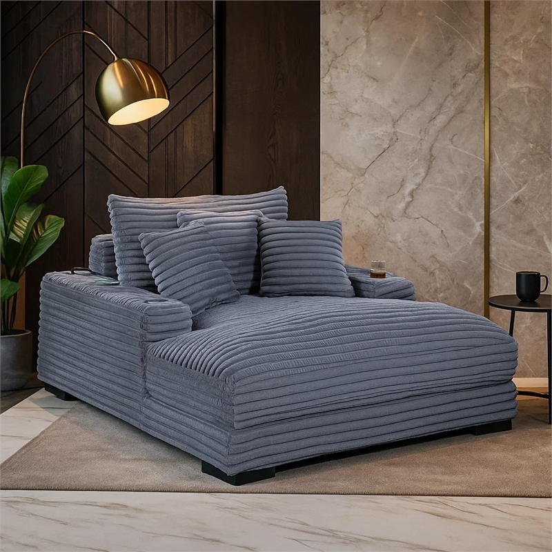 Terra Chaise Lounger- Cup Holder and USB Ports- Gray Corduroy Fabric