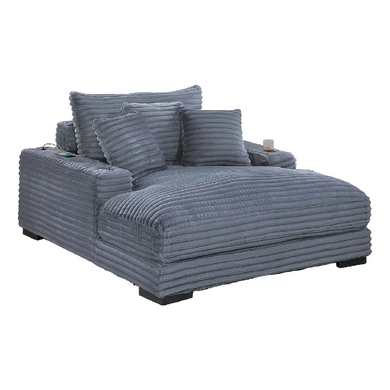Terra Chaise Lounger- Cup Holder and USB Ports- Gray Corduroy Fabric
