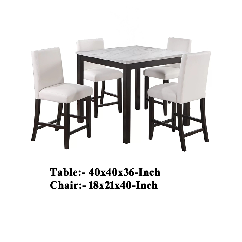 Wesley 5pc Dining Table Set- White Faux-Leather- Faux Marble- Dark Brown