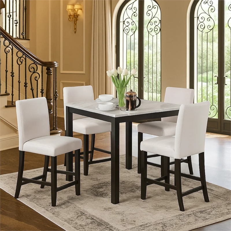 Wesley 5pc Dining Table Set- White Faux-Leather- Faux Marble- Dark Brown
