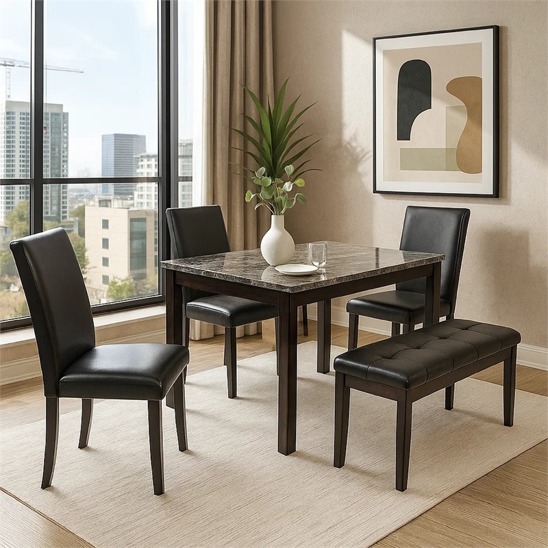 Wesley 5pc Dining Table Set- Black Faux-Leather- Faux Marble- Cherry Brown