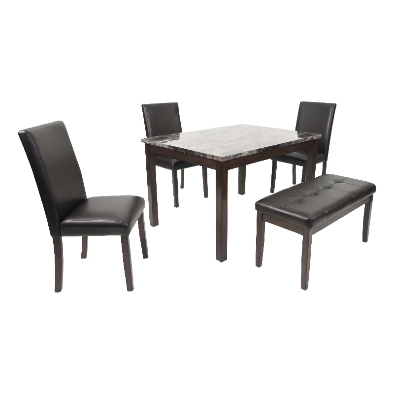 Wesley 5pc Dining Table Set- Black Faux-Leather- Faux Marble- Cherry Brown