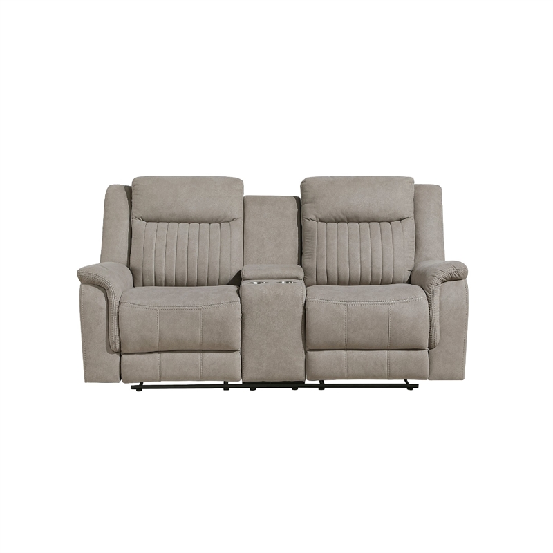 Lenny Manual Recliner Loveseat w Cupholder Console- Gray Microfiber