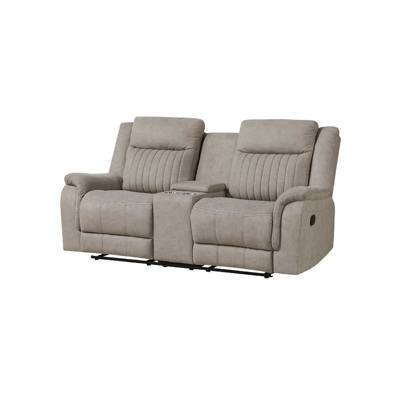 Lenny Manual Recliner Loveseat w Cupholder Console- Gray Microfiber