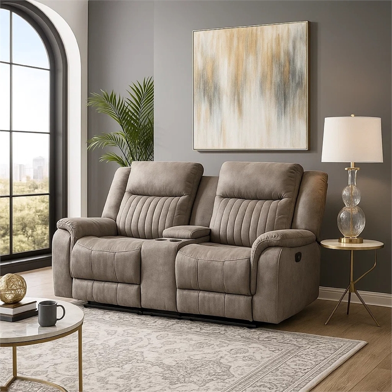 Lenny Manual Recliner Loveseat w Cupholder Console- Gray Microfiber
