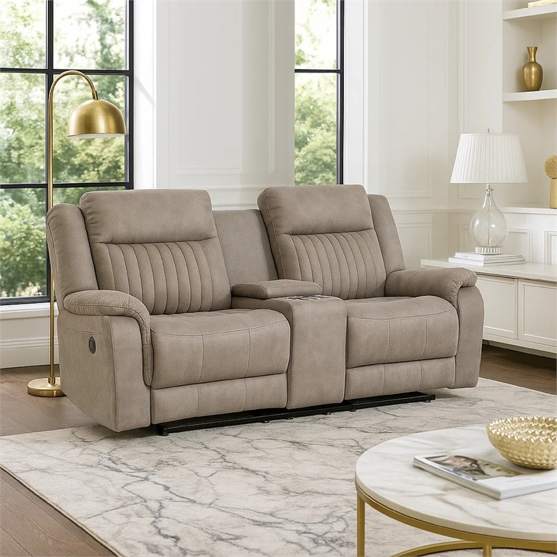 Lenny Manual Recliner Loveseat w Cupholder Console- Gray Microfiber