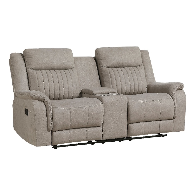 Lenny Manual Recliner Loveseat w Cupholder Console- Gray Microfiber