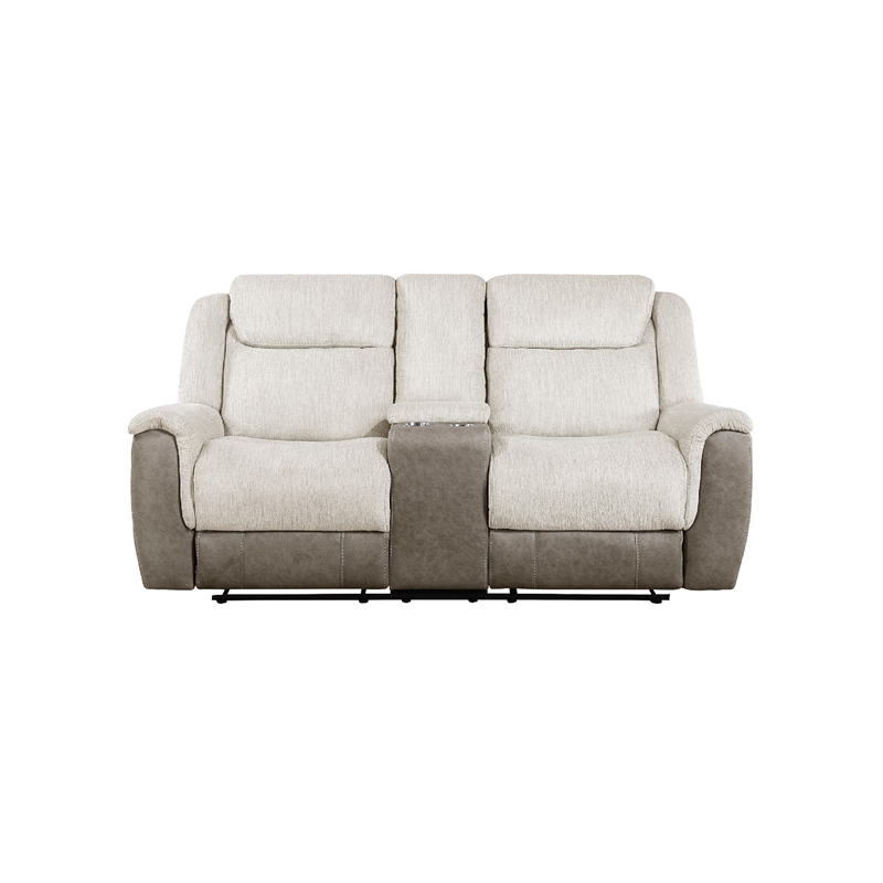 Feo Double Manual Reclining Loveseat with Console- Beige and Gray Chenille
