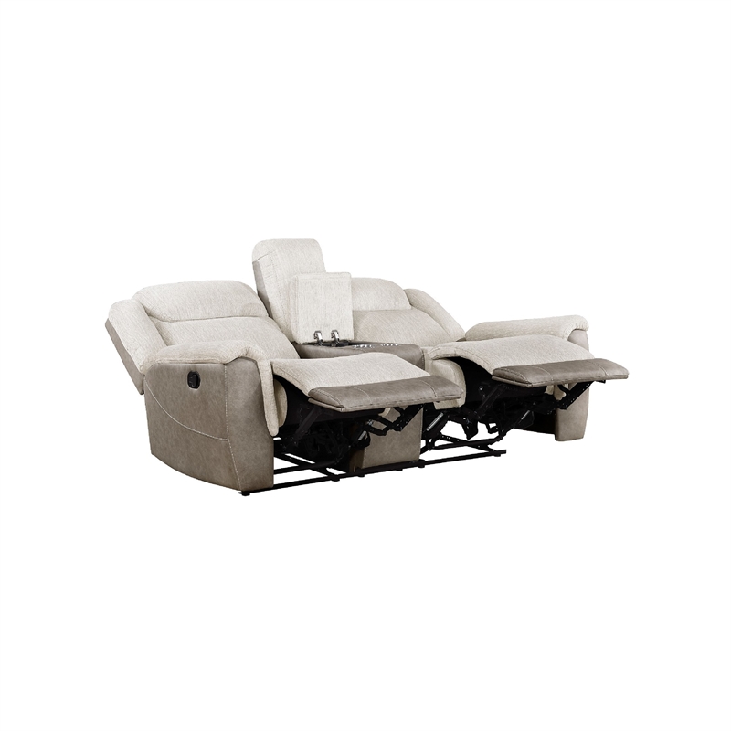 Feo Double Manual Reclining Loveseat with Console- Beige and Gray Chenille