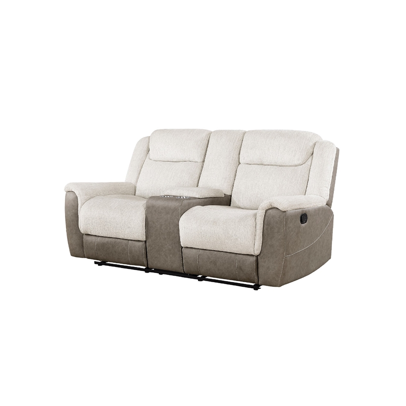 Feo Double Manual Reclining Loveseat with Console- Beige and Gray Chenille
