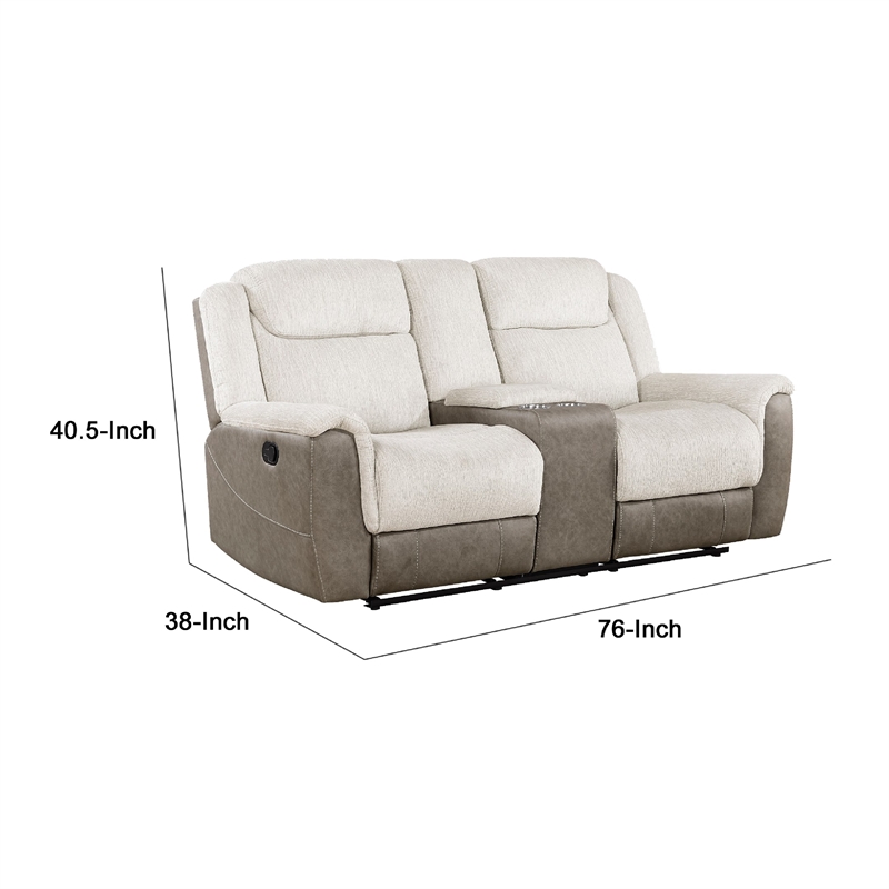 Feo Double Manual Reclining Loveseat with Console- Beige and Gray Chenille