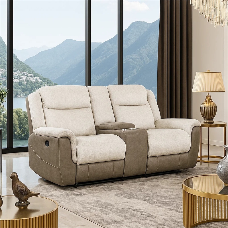 Feo Double Manual Reclining Loveseat with Console- Beige and Gray Chenille