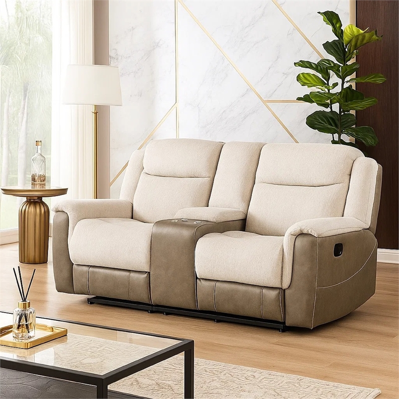 Feo Double Manual Reclining Loveseat with Console- Beige and Gray Chenille