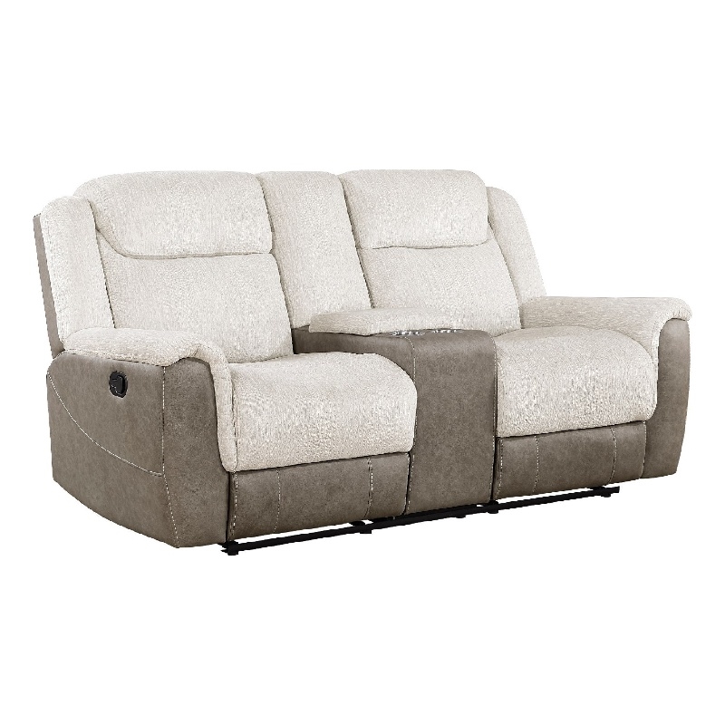 Feo Double Manual Reclining Loveseat with Console- Beige and Gray Chenille