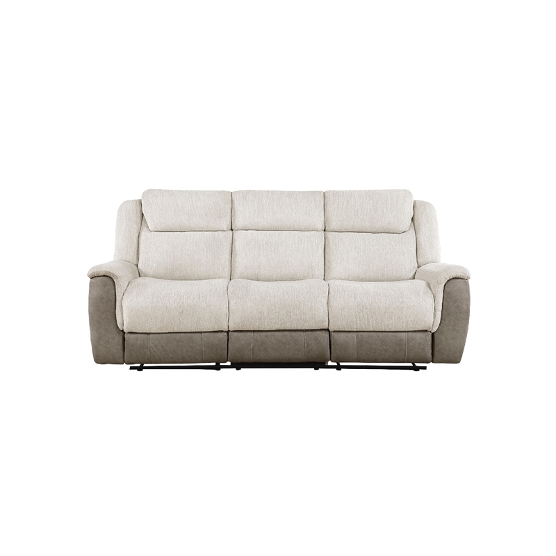 Feo Double Manual Reclining Sofa- Beige and Gray Chenille- Foam Cushions