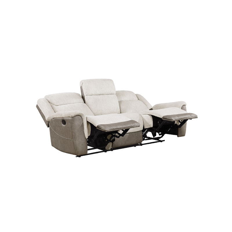 Feo Double Manual Reclining Sofa- Beige and Gray Chenille- Foam Cushions