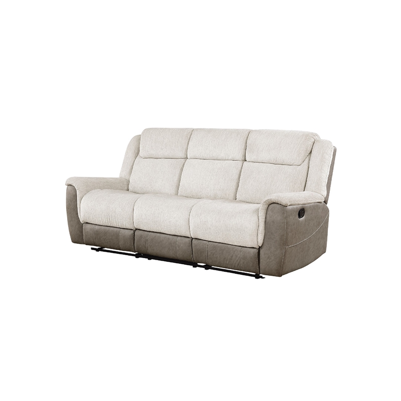 Feo Double Manual Reclining Sofa- Beige and Gray Chenille- Foam Cushions