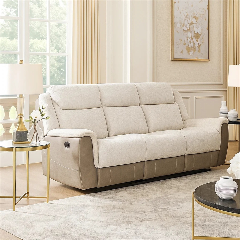 Feo Double Manual Reclining Sofa- Beige and Gray Chenille- Foam Cushions