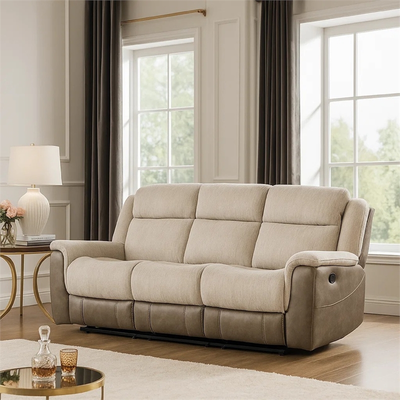 Feo Double Manual Reclining Sofa- Beige and Gray Chenille- Foam Cushions