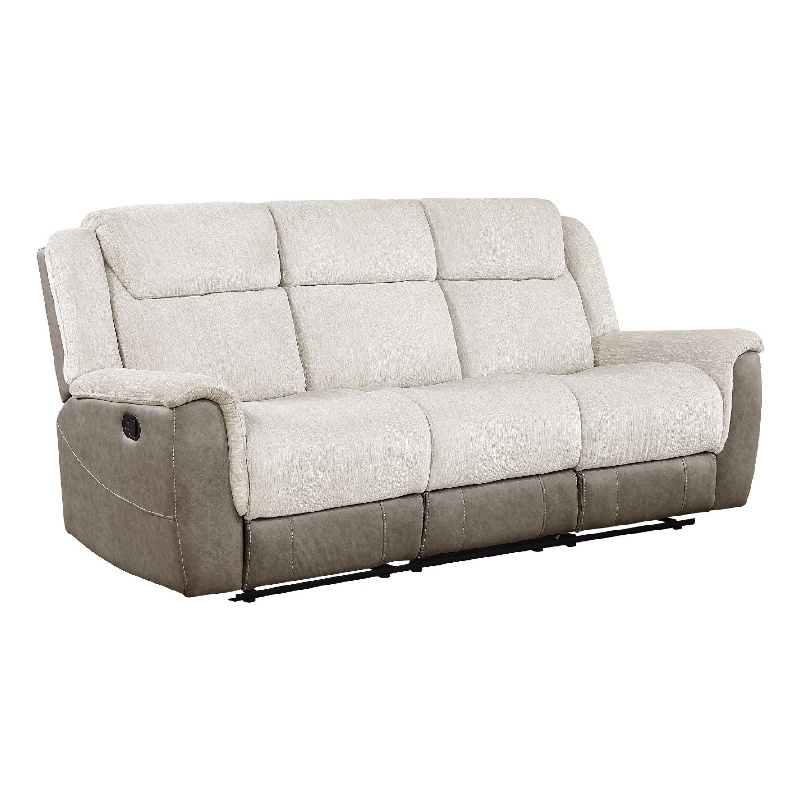 Feo Double Manual Reclining Sofa- Beige and Gray Chenille- Foam Cushions