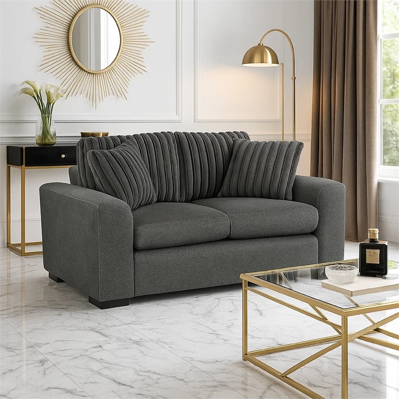 Zian Loveseat- Dark Gray Microfiber and Corduroy- 2 Matching Pillows- 66 Inch