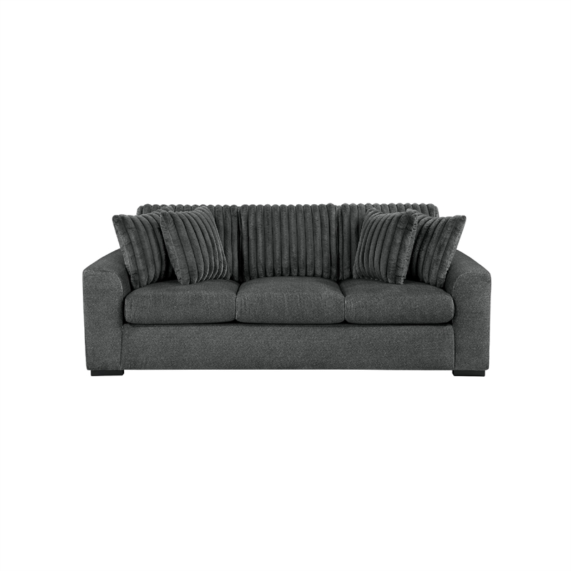 Zian Sofa- Dark Gray Microfiber and Corduroy- 4 Matching Pillows- 92 Inch