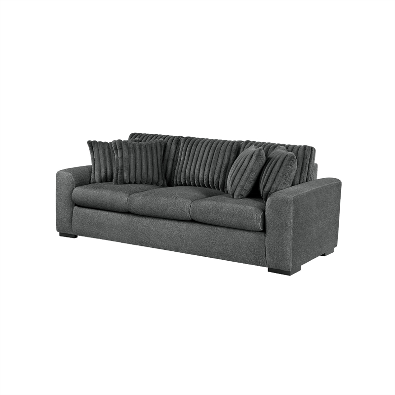 Zian Sofa- Dark Gray Microfiber and Corduroy- 4 Matching Pillows- 92 Inch